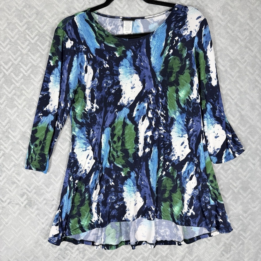 Caribe Fashion Womens Tunic Top Size Large Blue Green Abstract Watercolor Print